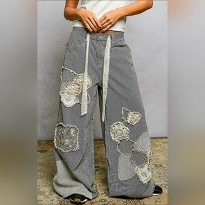 #1092 POL Boho Patchwork Wide-leg Striped Pants